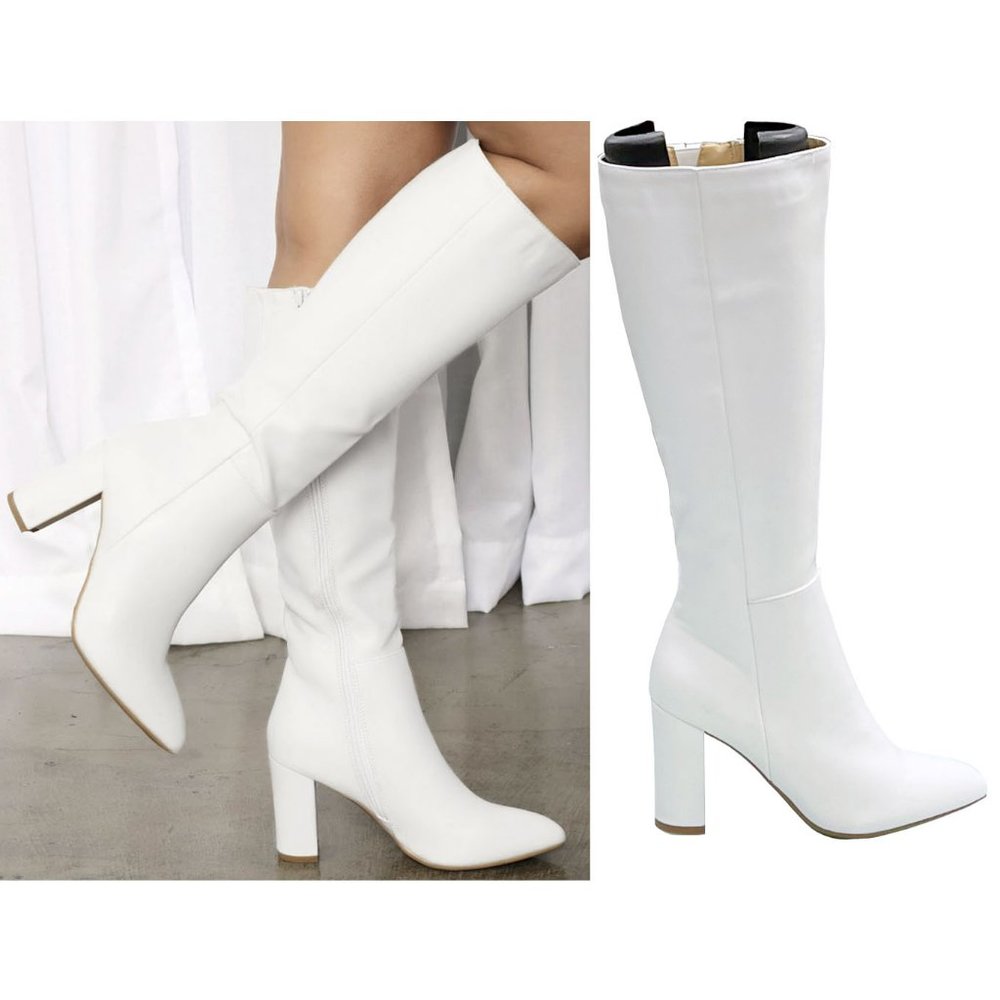 New White Point Toe Knee High Chunky Heel Tall Boots